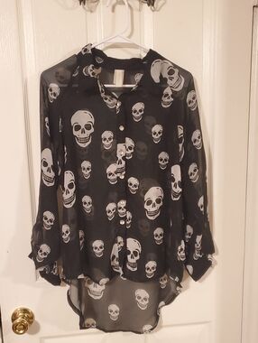 Black Skull Print Sheer Button-Up Blouse